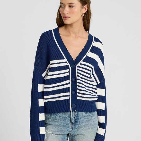 Express Blue and White Striped Cardigan - Picture 1 of 11